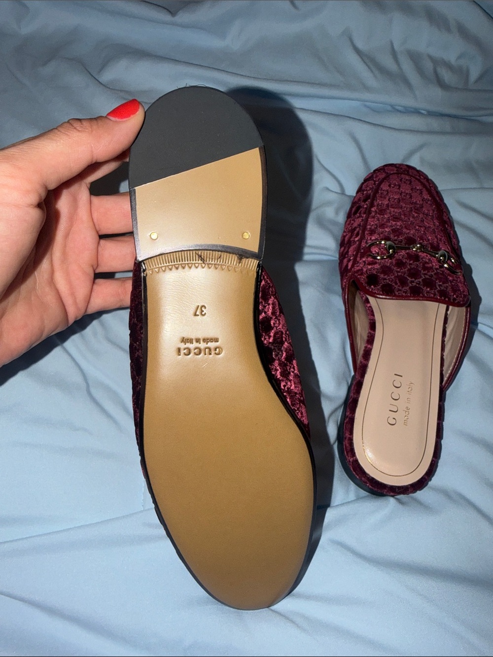 Gucci Burgundy Velvet GG Horsebit Mules - Picture 4 of 7